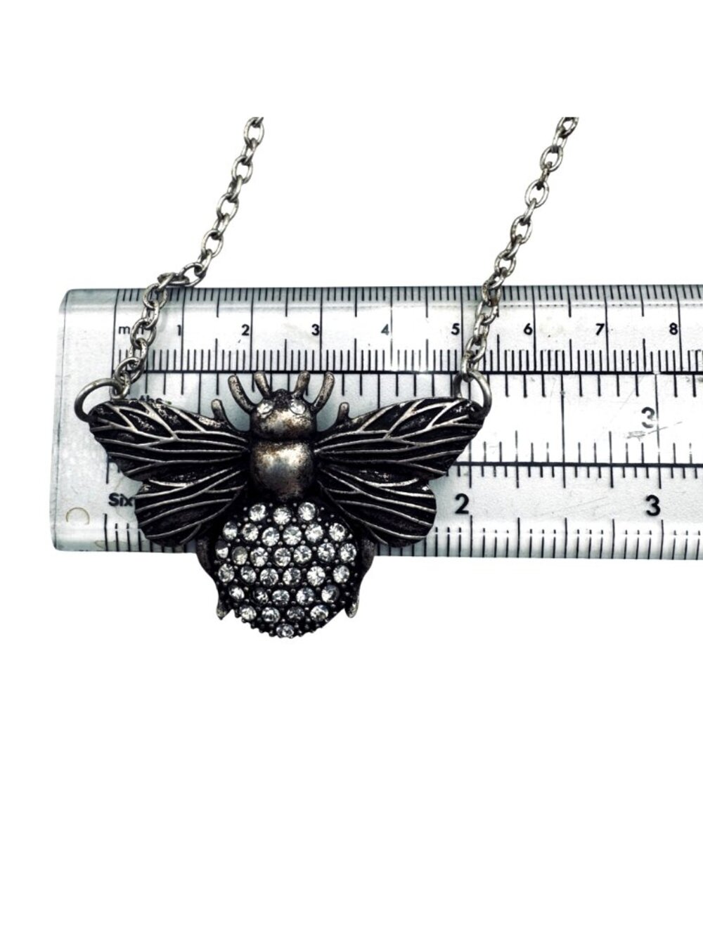 Bee Pendant Statement Necklace Antiqued Silver Tone Rhinestones 34" - Picture 6 of 8